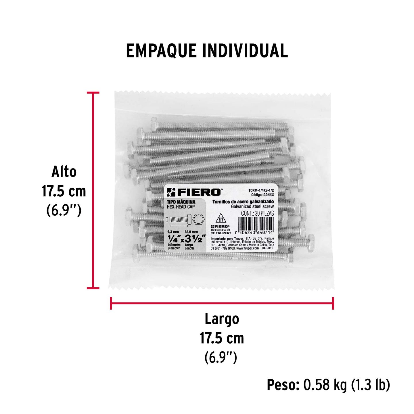 TORM-1/4X3-1/2 Bolsa con 30 tornillos 1/4" x 3-1/2" tipo máquina, FIERO