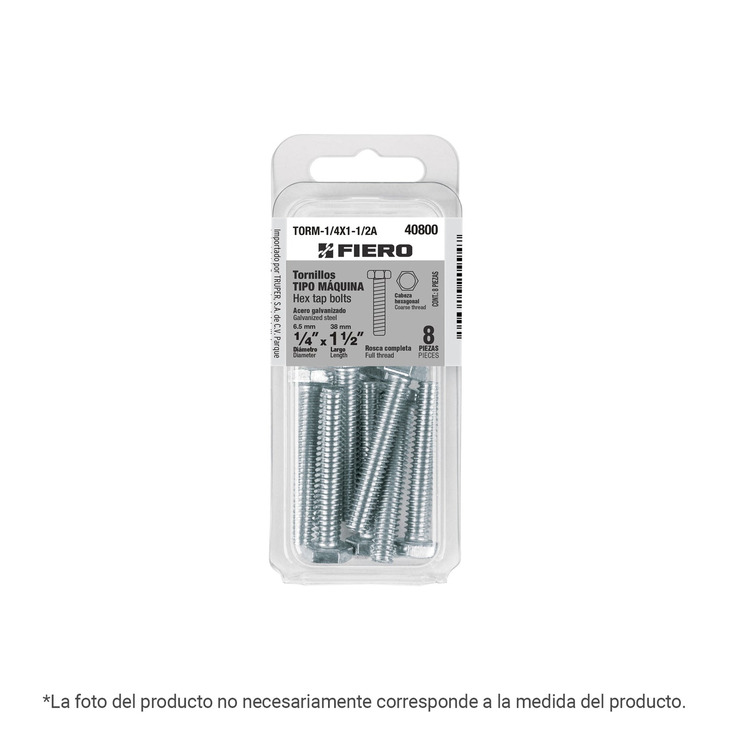 TORM-3/8X1-1/2A Blíster con 4 tornillos 3/8" x 1-1/2" tipo máquina, FIERO