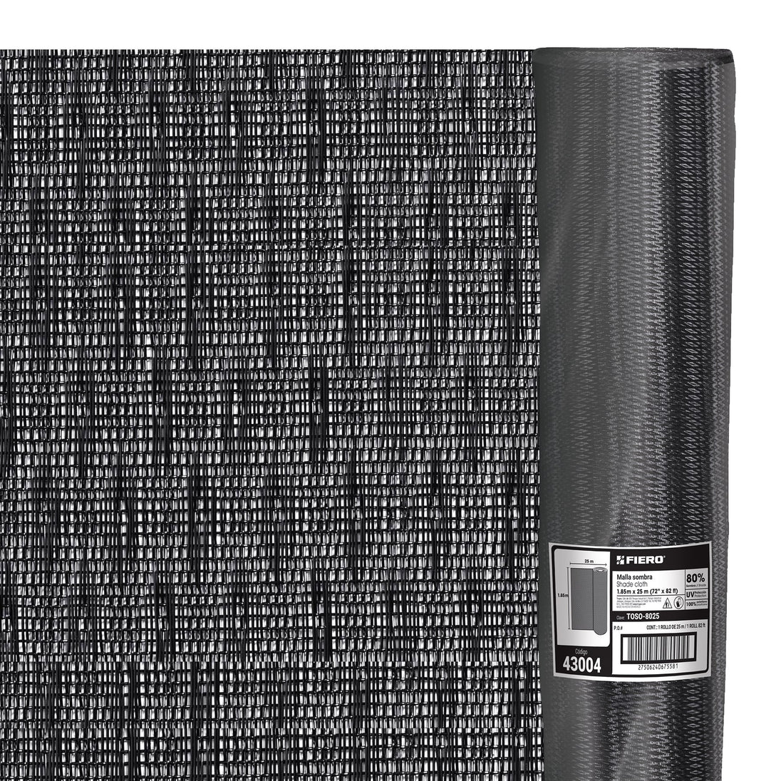 TOSO-8025 Rollo de malla sombra monofilamento 80%, 25m x 1.85m, negro