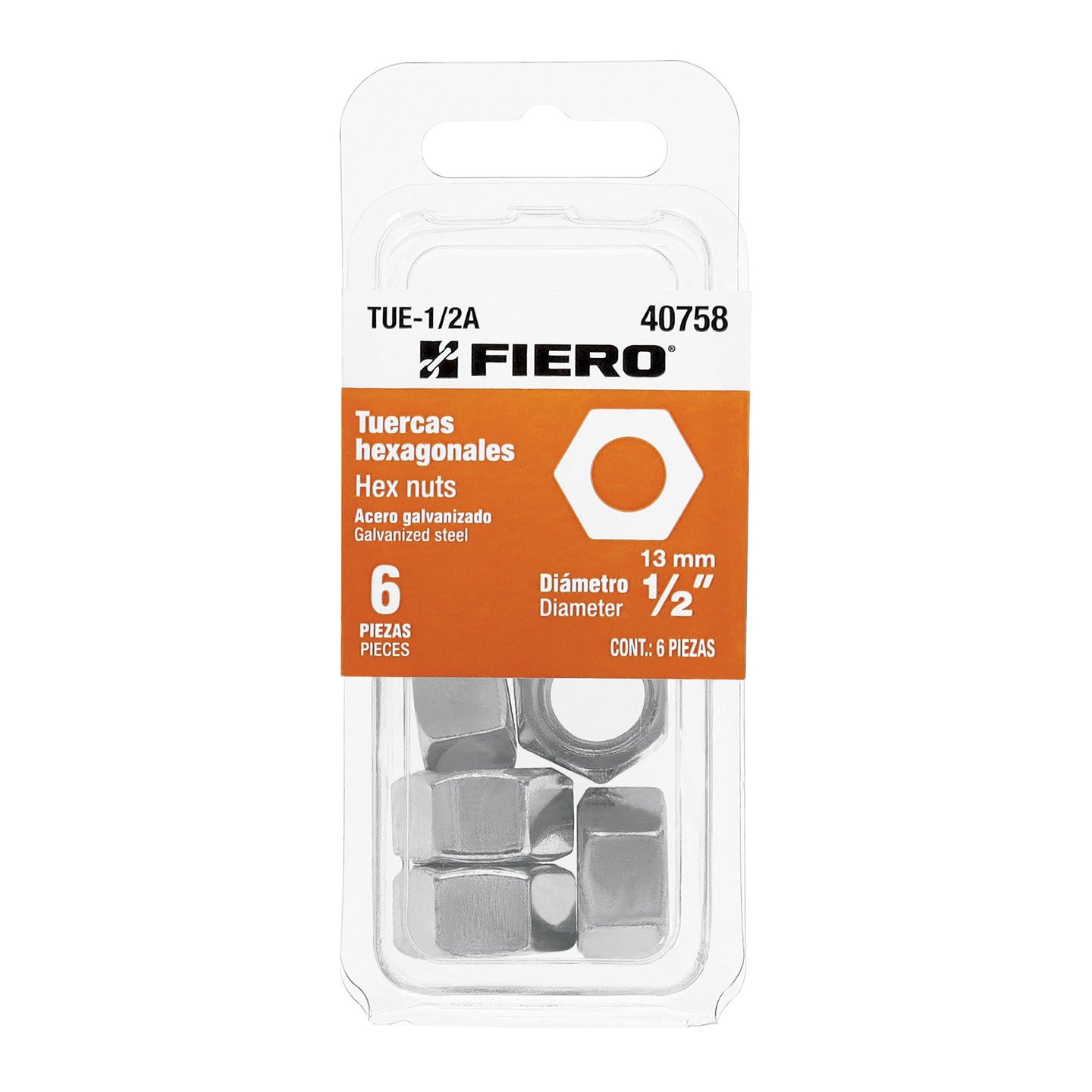 TUE-1/2A Blíster con 6 tuercas 1/2" hex de acero galvanizado, FIERO