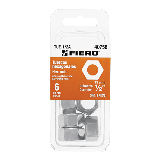 TUE-1/2A Blíster con 6 tuercas 1/2" hex de acero galvanizado, FIERO