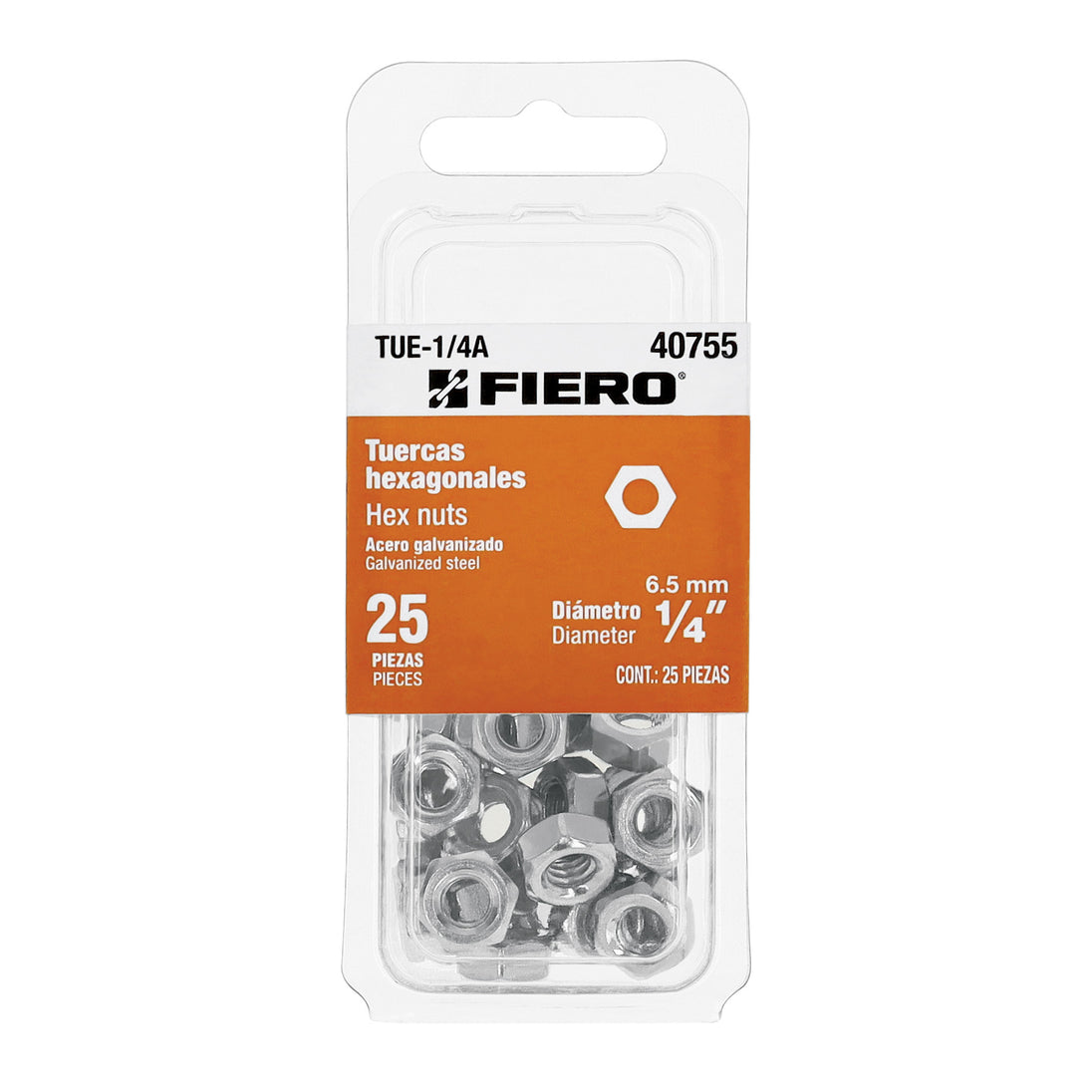 TUE-1/4A Blíster con 25 tuercas 1/4" hex de acero galvanizado, FIERO