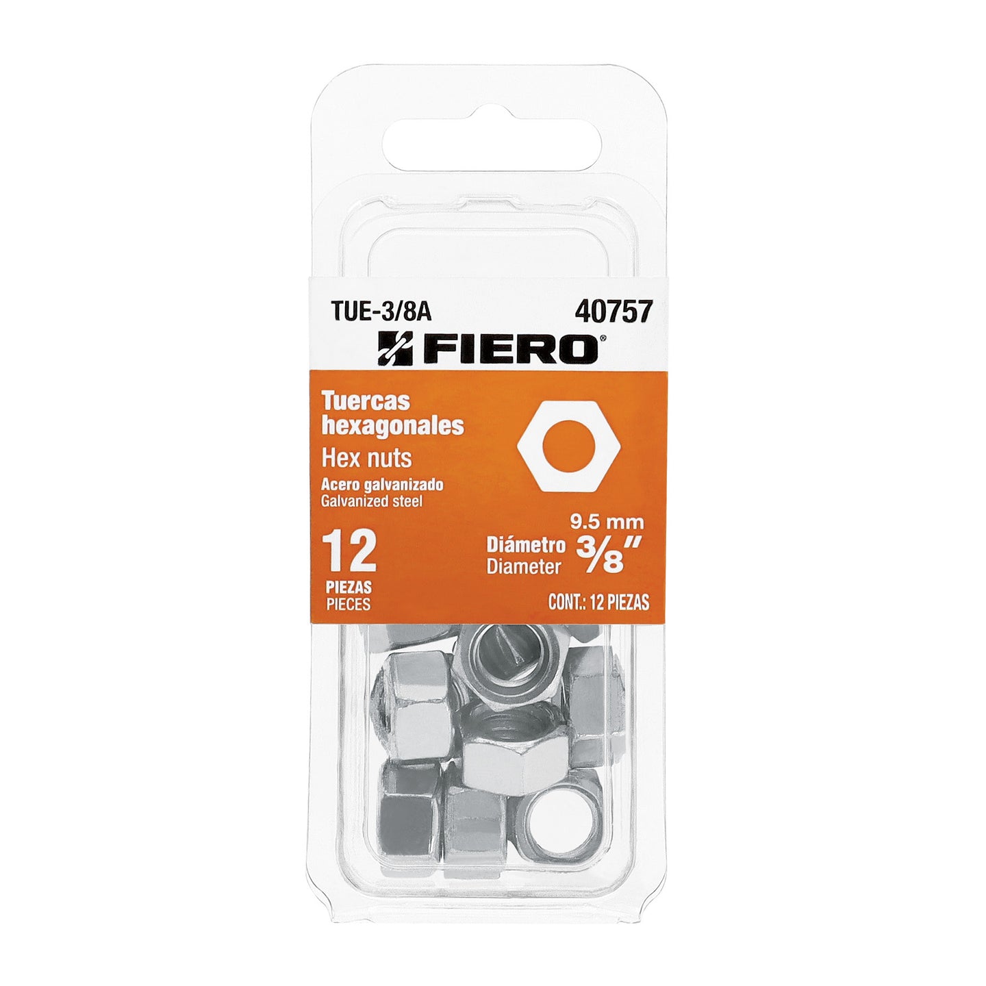 TUE-3/8A Blíster con 12 tuercas 3/8" hex de acero galvanizado, FIERO