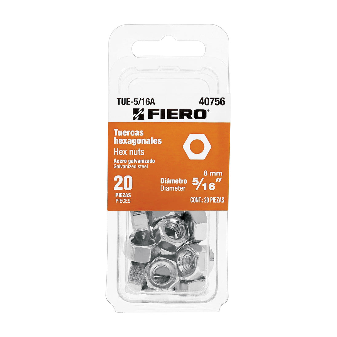 TUE-5/16A Blíster con 20 tuercas 5/16" hex de acero galvanizado, FIERO