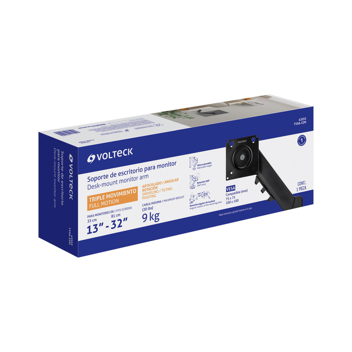 Soporte de Monitor Volteck TVSA-32M, Carga 9 kg, VESA 75/100