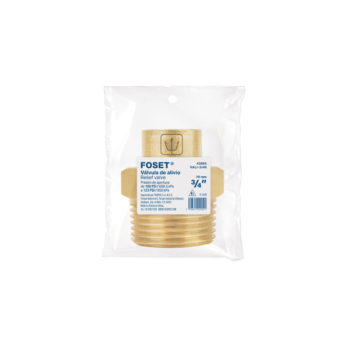 Válvula Alivio Calentador 3/4" Foset VALI-3/4R Latón 100-123 psi