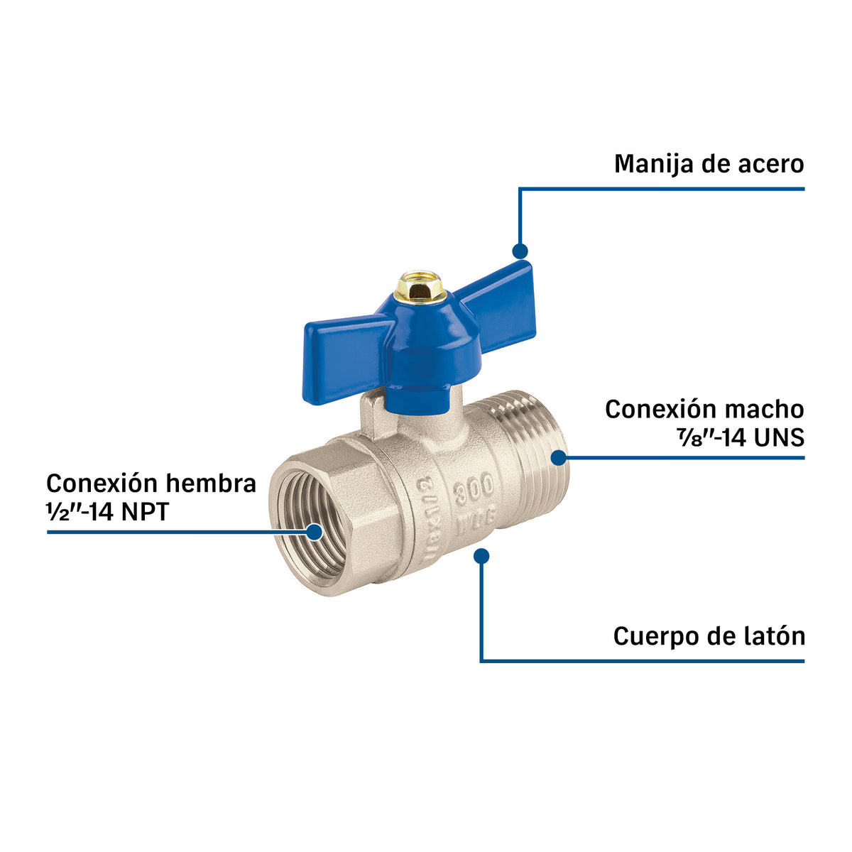 Válvula Bola Foset VES-7/8 Latón 7/8" 300 PSI Mariposa | Gas, Agua, Aceite