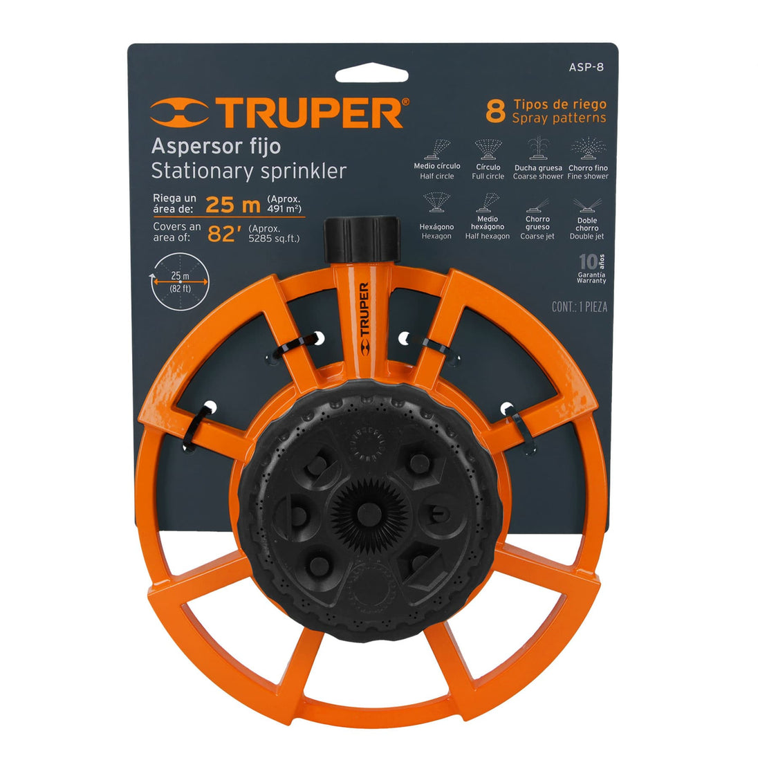 ASP-8 Aspersor base de aluminio, 8 funciones, Truper Truper