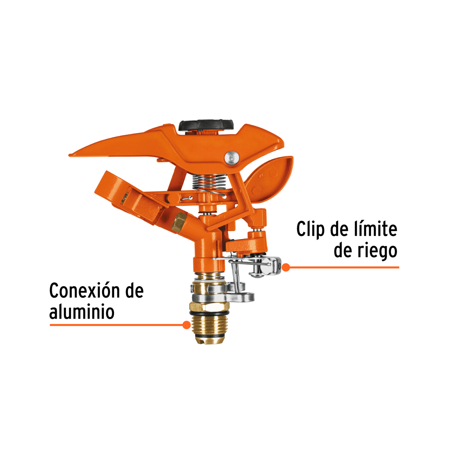 ASP Aspersor metálico de pulsaciones conexión aluminio, sin estaca, 1 vía, clip de límite de riego, presión 15-100 psi, alcance 21 m (69 ft), entrada 3/4", Producto Mejorado, Truper Truper