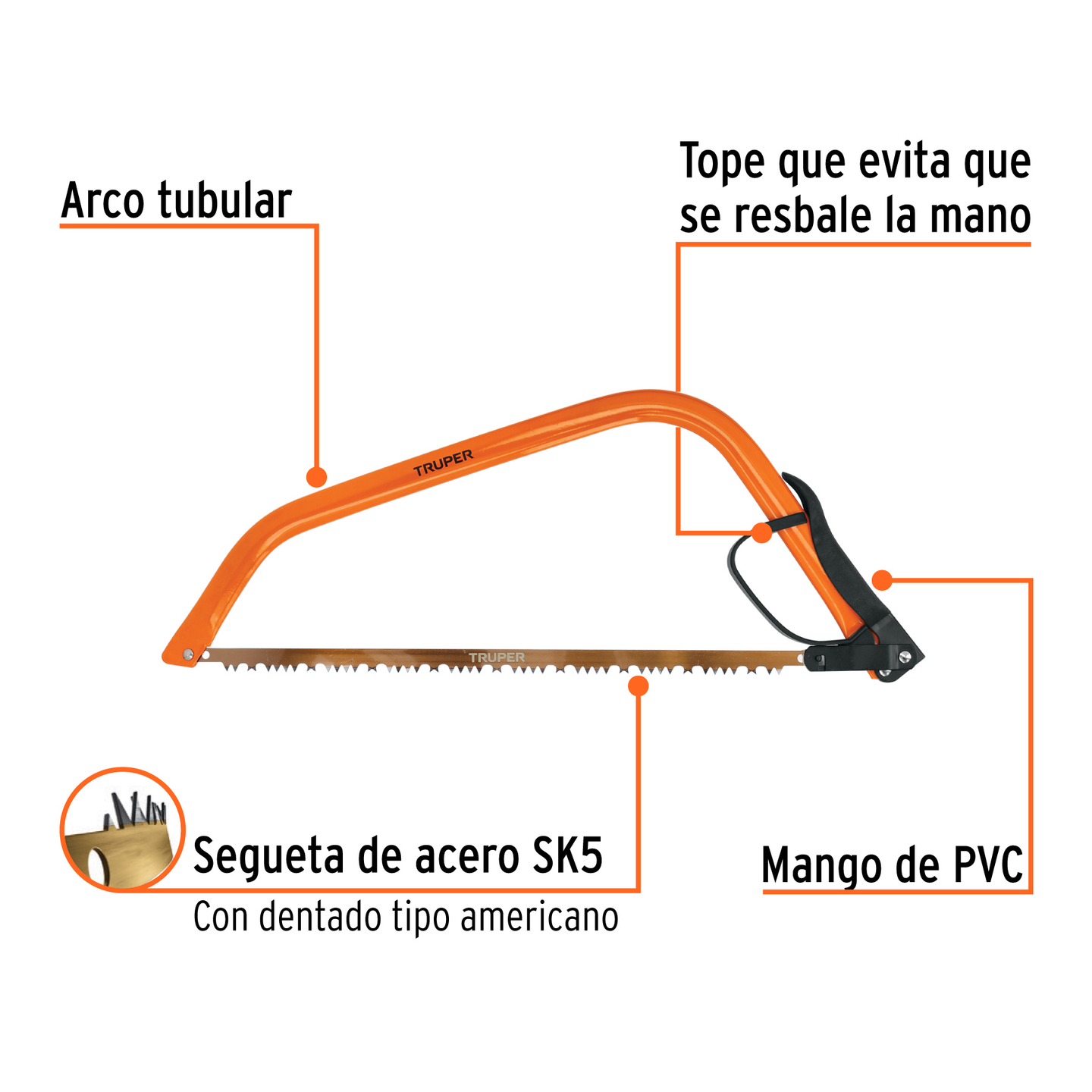 AJT-21 Arco jardinero tubular de acero con segueta, 21" (530 mm), acero SK5, mango PVC, Truper Truper