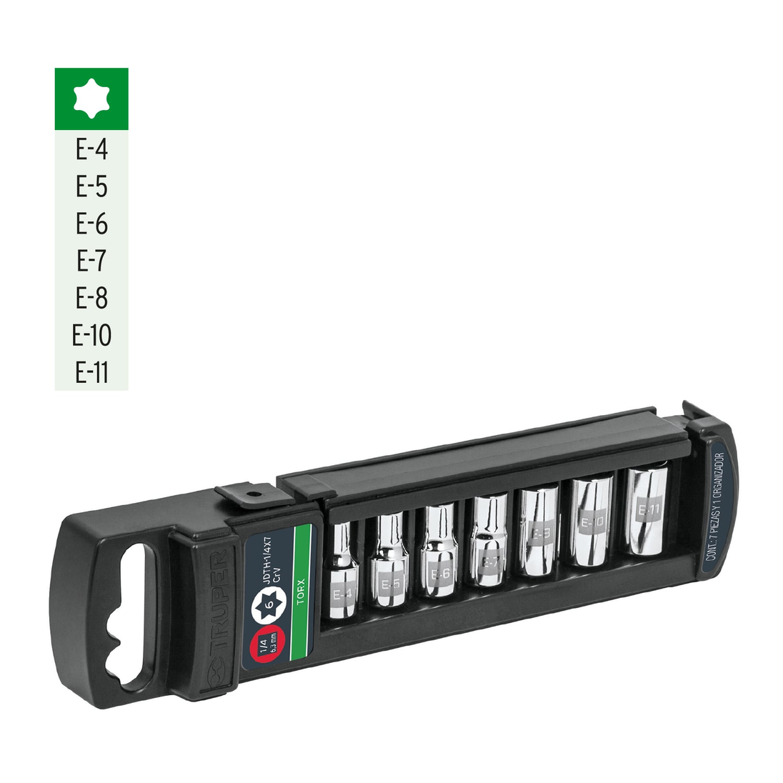JDTH-1/4X7 Juego de 7 dados Torx hembra, 1/4" (6.5 mm), acero cromo vanadio, E-4 a E-11, estuche plástico, Truper Truper