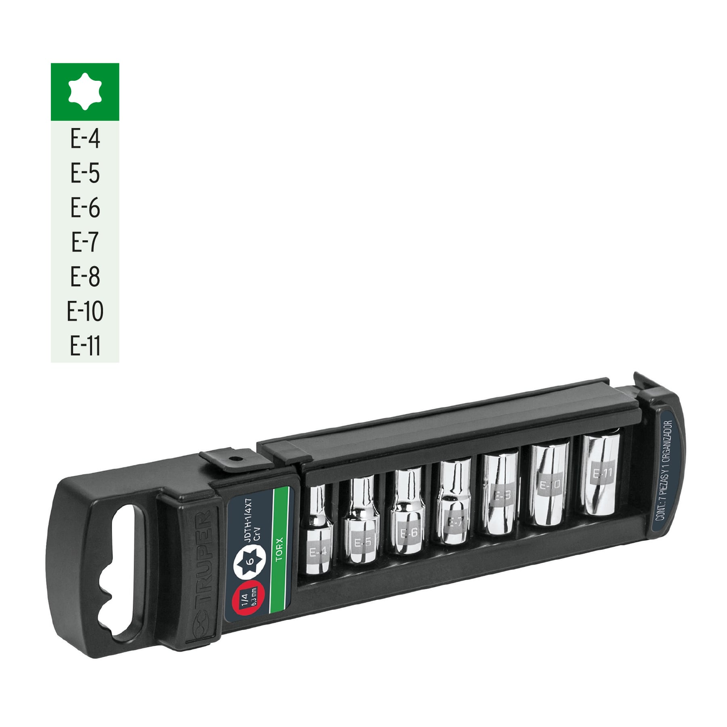 JDTH-1/4X7 Juego de 7 dados Torx hembra, 1/4" (6.5 mm), acero cromo vanadio, E-4 a E-11, estuche plástico, Truper Truper