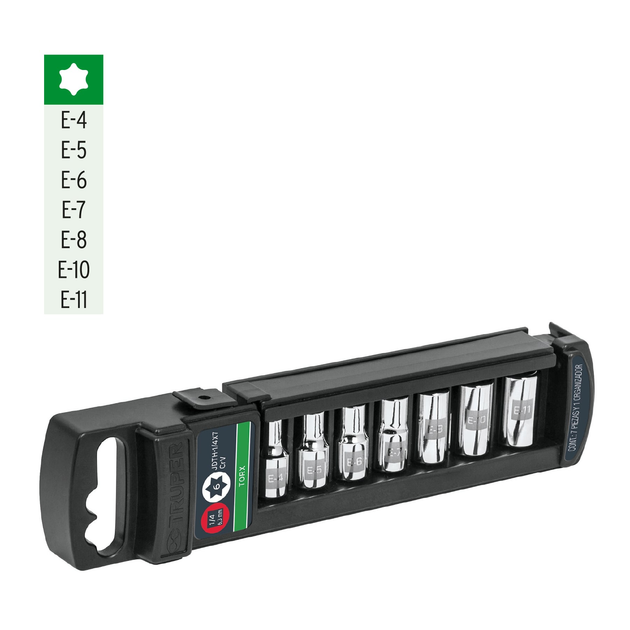 JDTH-1/4X7 Juego de 7 dados Torx hembra, 1/4" (6.5 mm), acero cromo vanadio, E-4 a E-11, estuche plástico, Truper Truper