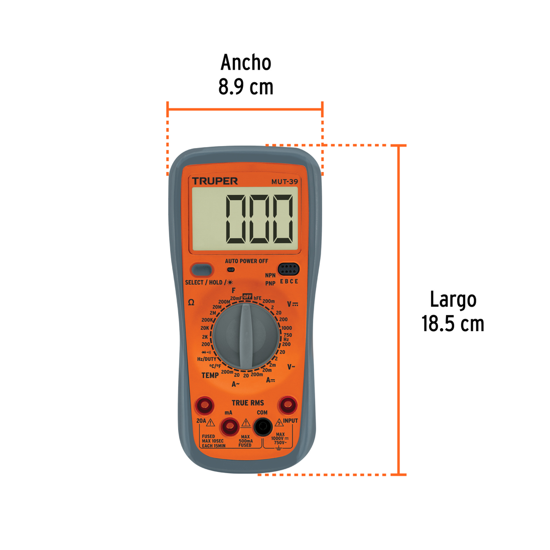 MUT-39 Multímetro digital usos generales 20A, True RMS, NPN/PNP, 2V-750V c.a./1000V c.c., 200Ω-200MΩ, -40°C a 1000°C, 0Hz-60MHz, Truper Truper