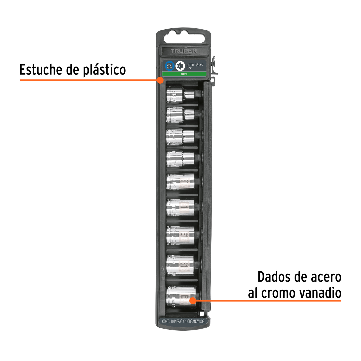 JDTH-3/8X9 Juego de 9 dados Torx hembra, 3/8" (9.5 mm), acero cromo vanadio, E-7 a E-20, estuche plástico, Truper Truper
