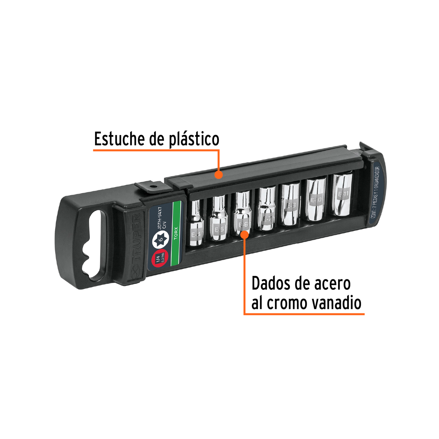 JDTH-1/4X7 Juego de 7 dados Torx hembra, 1/4" (6.5 mm), acero cromo vanadio, E-4 a E-11, estuche plástico, Truper Truper