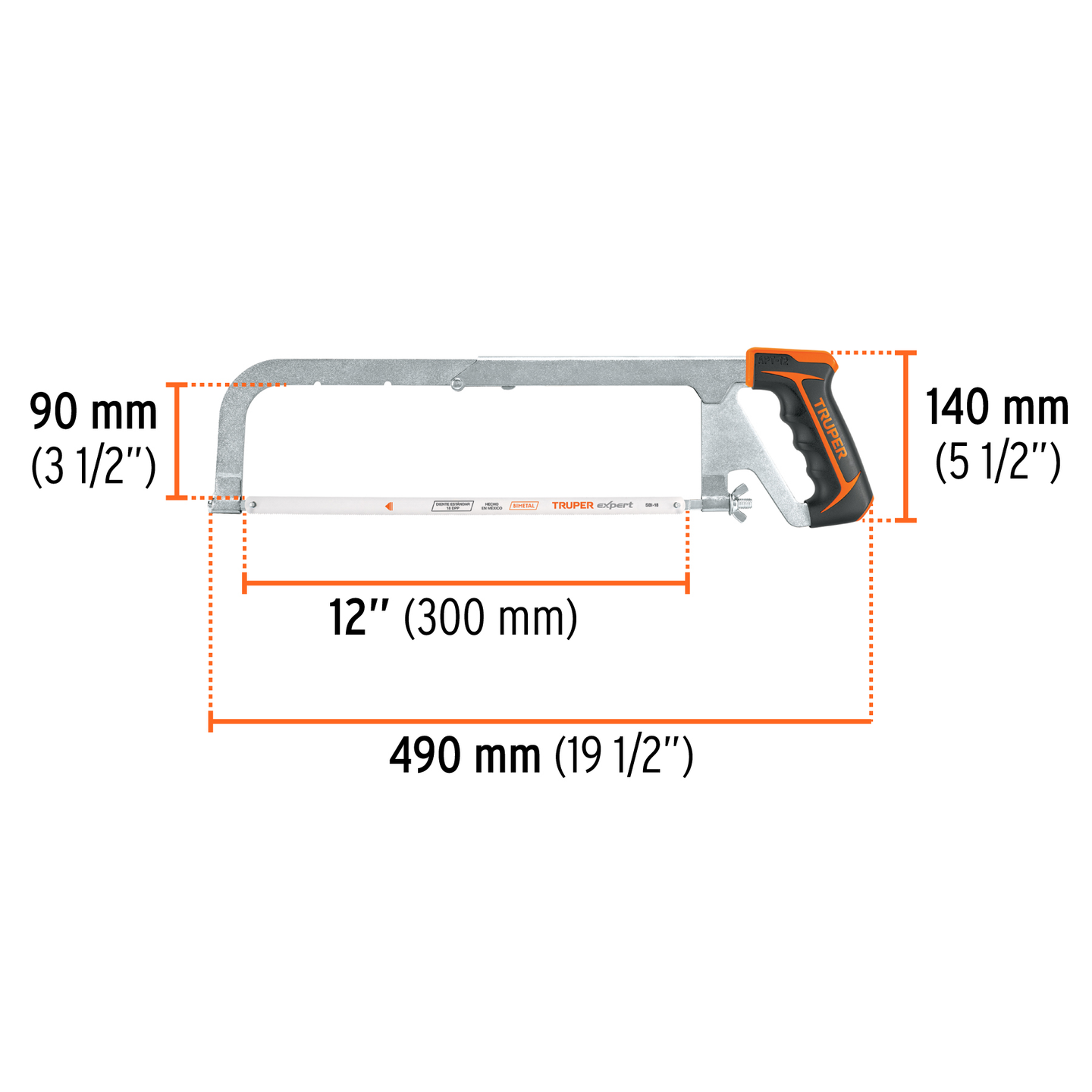 APT-12 Arco profesional ajustable de solera de acero niquelado para segueta, 8½"/10"/12", segueta bimetálica 18 dpp, Truper Truper