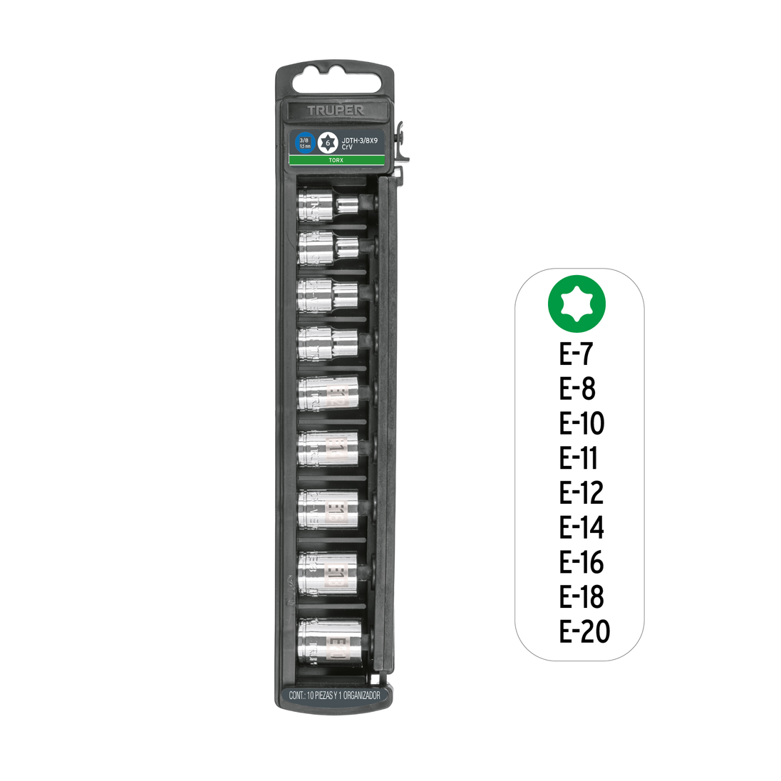 JDTH-3/8X9 Juego de 9 dados Torx hembra, 3/8" (9.5 mm), acero cromo vanadio, E-7 a E-20, estuche plástico, Truper Truper