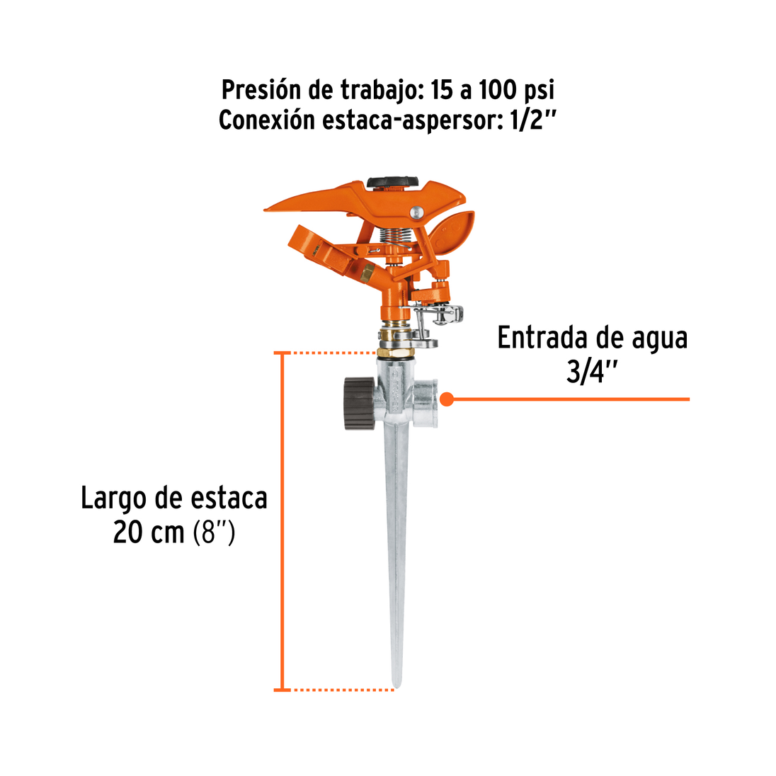 ASP-11X Aspersor metálico de pulsaciones conexión aluminio, estaca metálica 1 vía 20 cm (8"), clip de límite de riego, presión 15-100 psi, alcance 21 m (69 ft), entrada 3/4", Producto Mejorado, Truper Truper