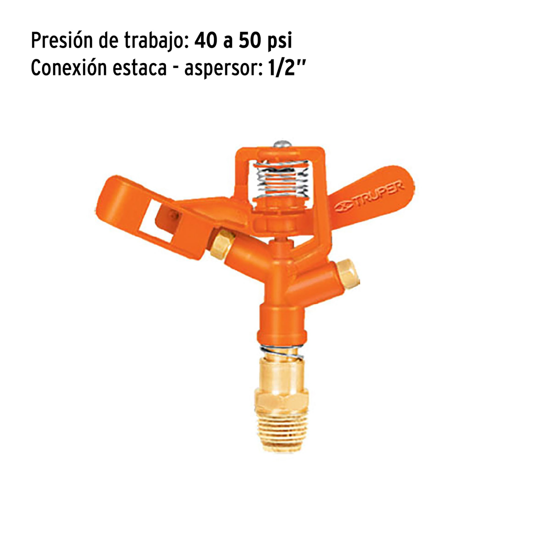 DOS Cabeza de aspersor metálico de pulsaciones doble chorro, conexión latón, presión 10-50 psi, alcance 21 m (68 ft), área 346 m², cobertura 90°-360°, conexión 1/2", sin estaca, Truper Truper