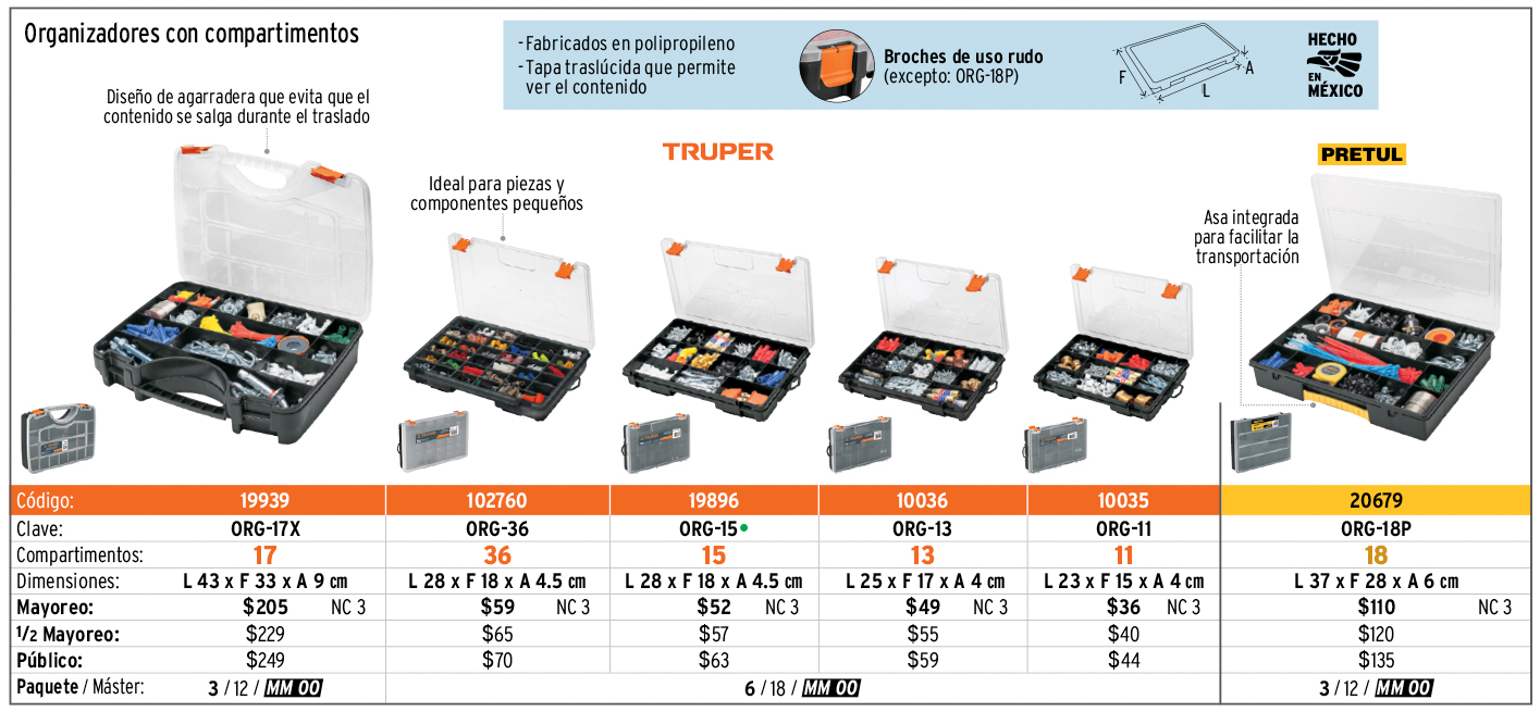 ORG-13 Organizador con 13 compartimentos de polipropileno, 25 x 17 x 4 cm, tapa traslúcida, broches uso rudo, Hecho en México, Truper Truper