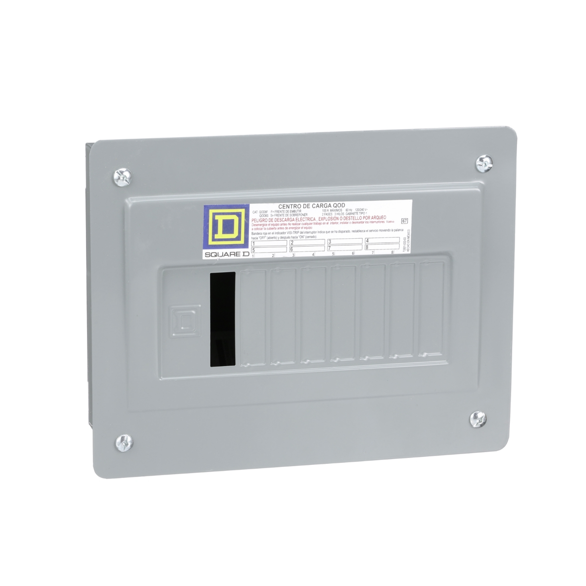 Centro de carga QOD empotrable Square D Schneider QOD8F de 8 circuitos 100 A, frente gris
