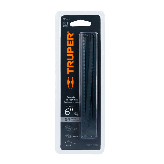 REP-AJ-6 Blíster con 5 seguetas de repuesto para arco junior, 6" (152.4 mm), 24 dpp, acero SK5, Truper Truper