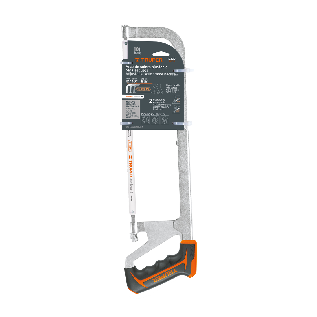 APT-12 Arco profesional ajustable de solera de acero niquelado para segueta, 8½"/10"/12", segueta bimetálica 18 dpp, Truper Truper