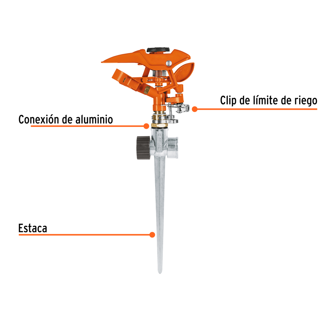 ASP-11X Aspersor metálico de pulsaciones conexión aluminio, estaca metálica 1 vía 20 cm (8"), clip de límite de riego, presión 15-100 psi, alcance 21 m (69 ft), entrada 3/4", Producto Mejorado, Truper Truper