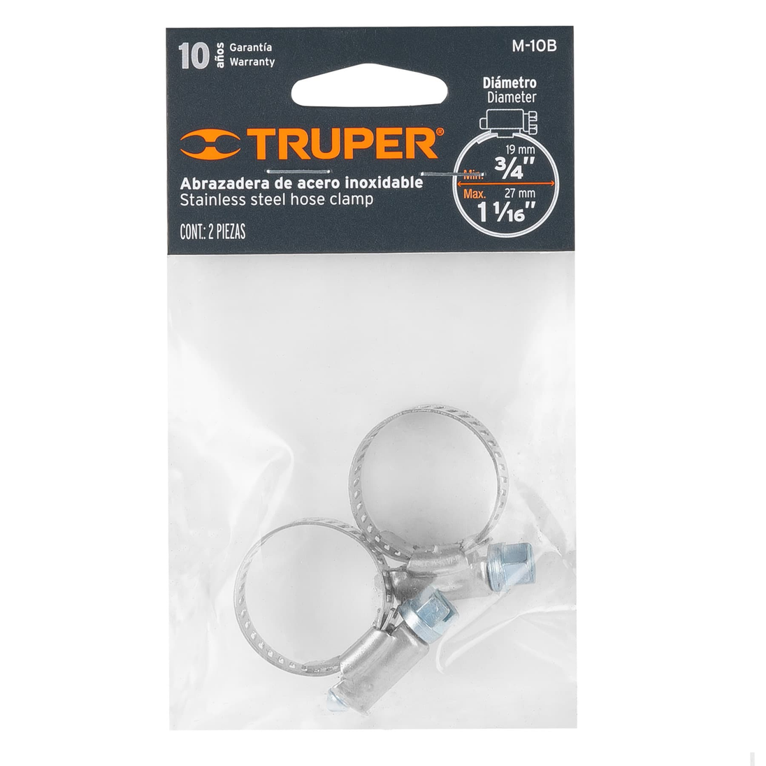 M-10B Abrazadera de acero inoxidable, diámetro 3/4" a 1-1/16" (19-27 mm), banda 1/2" (13 mm), 2 piezas, Truper Truper