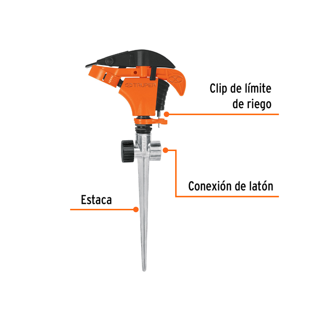 ASP-P11X Aspersor plástico de pulsaciones con estaca metálica, 2 vías conexión en serie, clip de límite de riego, presión 10-50 psi, alcance 17 m (56 ft), entrada 3/4", Truper Truper