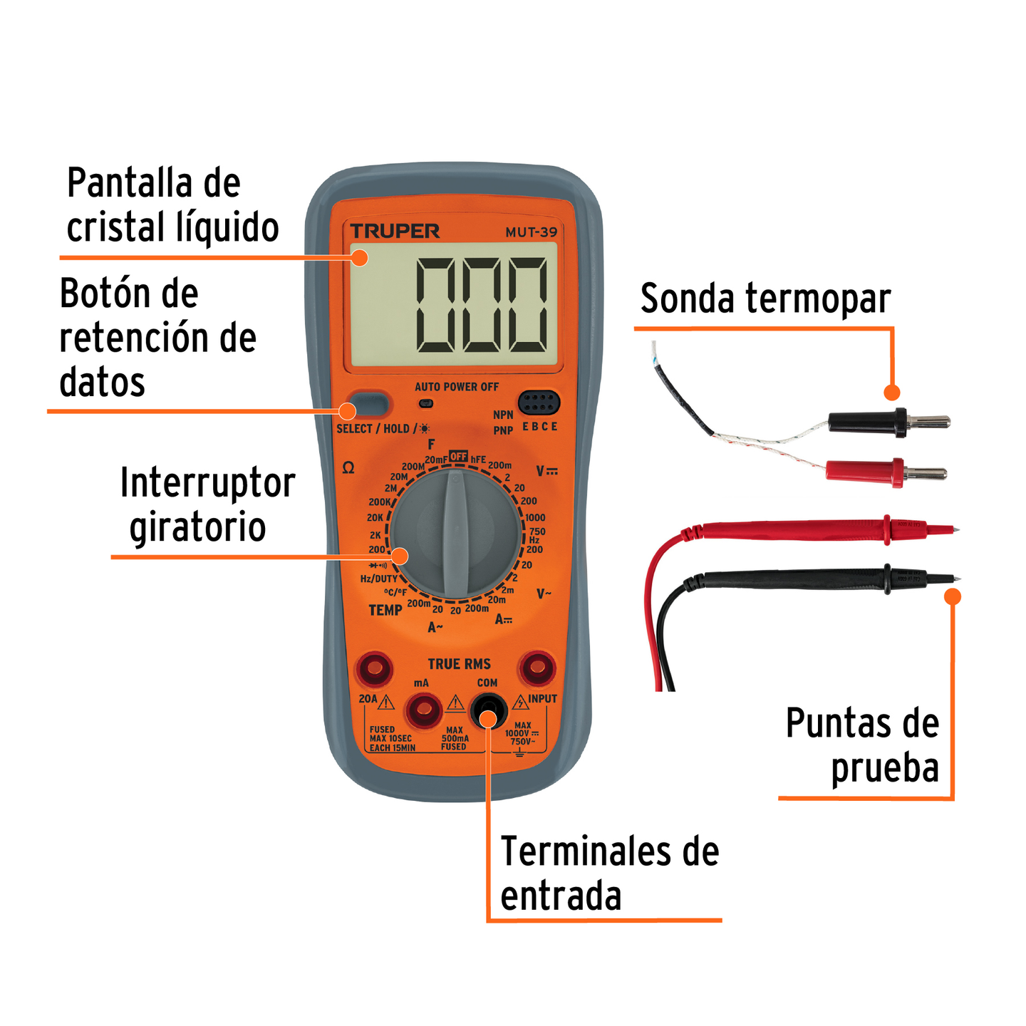 MUT-39 Multímetro digital usos generales 20A, True RMS, NPN/PNP, 2V-750V c.a./1000V c.c., 200Ω-200MΩ, -40°C a 1000°C, 0Hz-60MHz, Truper Truper