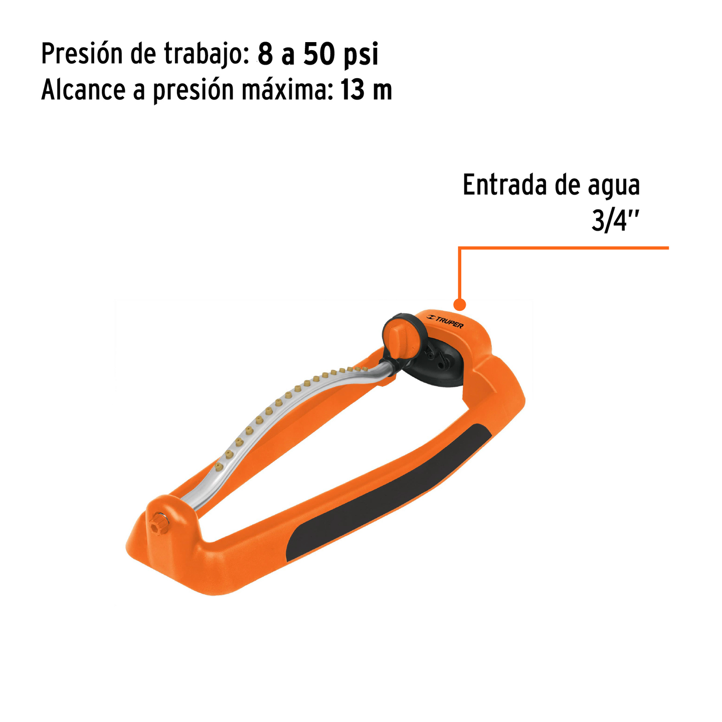 OSCI-17 Aspersor oscilatorio metal-plástico, 17 boquillas de precisión, 4 patrones, presión 8-50 psi, alcance 13 m, entrada 3/4", Truper Truper