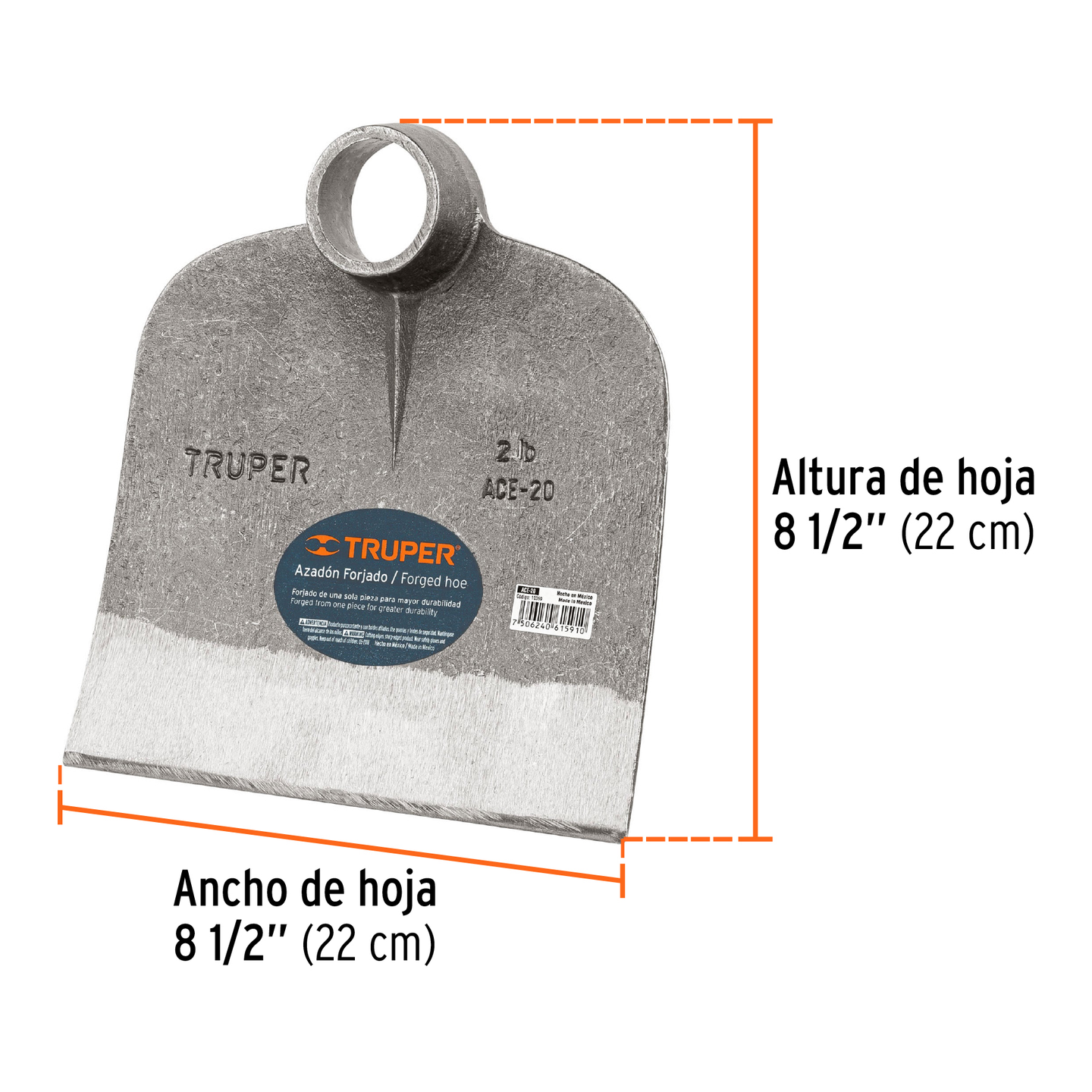 ACE-20 Azadón centroamericano forjado sin mango, 2 lb (0.9 kg), hoja 8½" (22 cm) x 8½" (22 cm), diám. cónico 40-44 mm, Hecho en México, Truper Truper