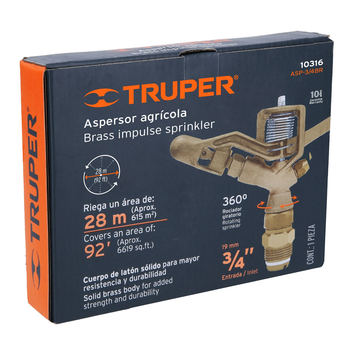 ASP-3/4BR Aspersor agrícola fundido en latón, 3/4", 360°, 2 vías, Truper Truper