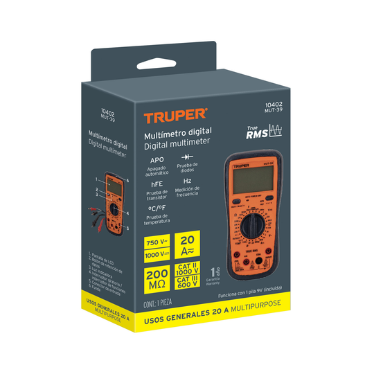 MUT-39 Multímetro digital usos generales 20A, True RMS, NPN/PNP, 2V-750V c.a./1000V c.c., 200Ω-200MΩ, -40°C a 1000°C, 0Hz-60MHz, Truper Truper