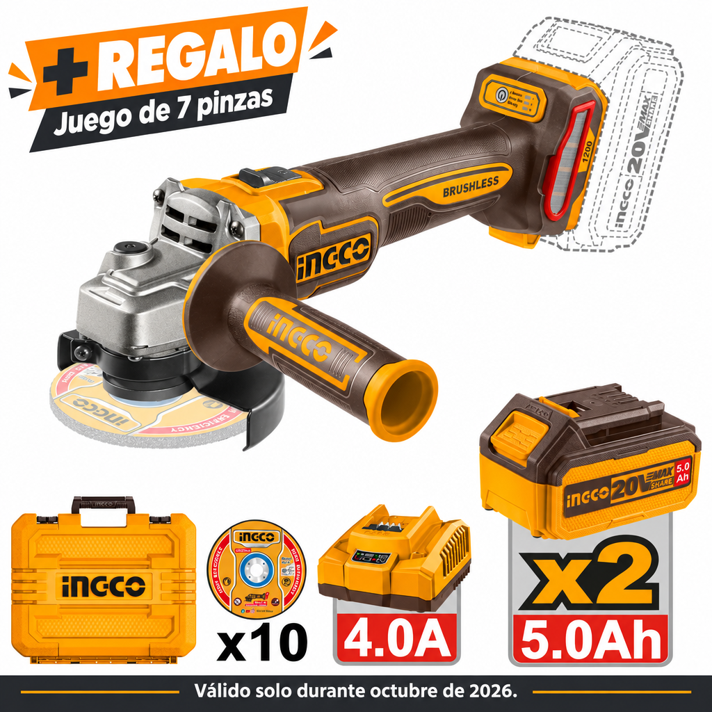 Kit esmeriladora INGCO 20 V con 2 baterías 5 Ah, cargador, 10 discos y maletín; regalo de 7 pinzas válido en octubre de 2026
