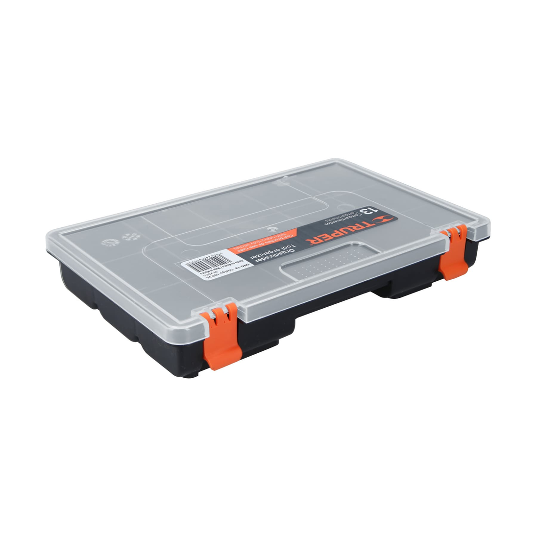 ORG-13 Organizador con 13 compartimentos de polipropileno, 25 x 17 x 4 cm, tapa traslúcida, broches uso rudo, Hecho en México, Truper Truper
