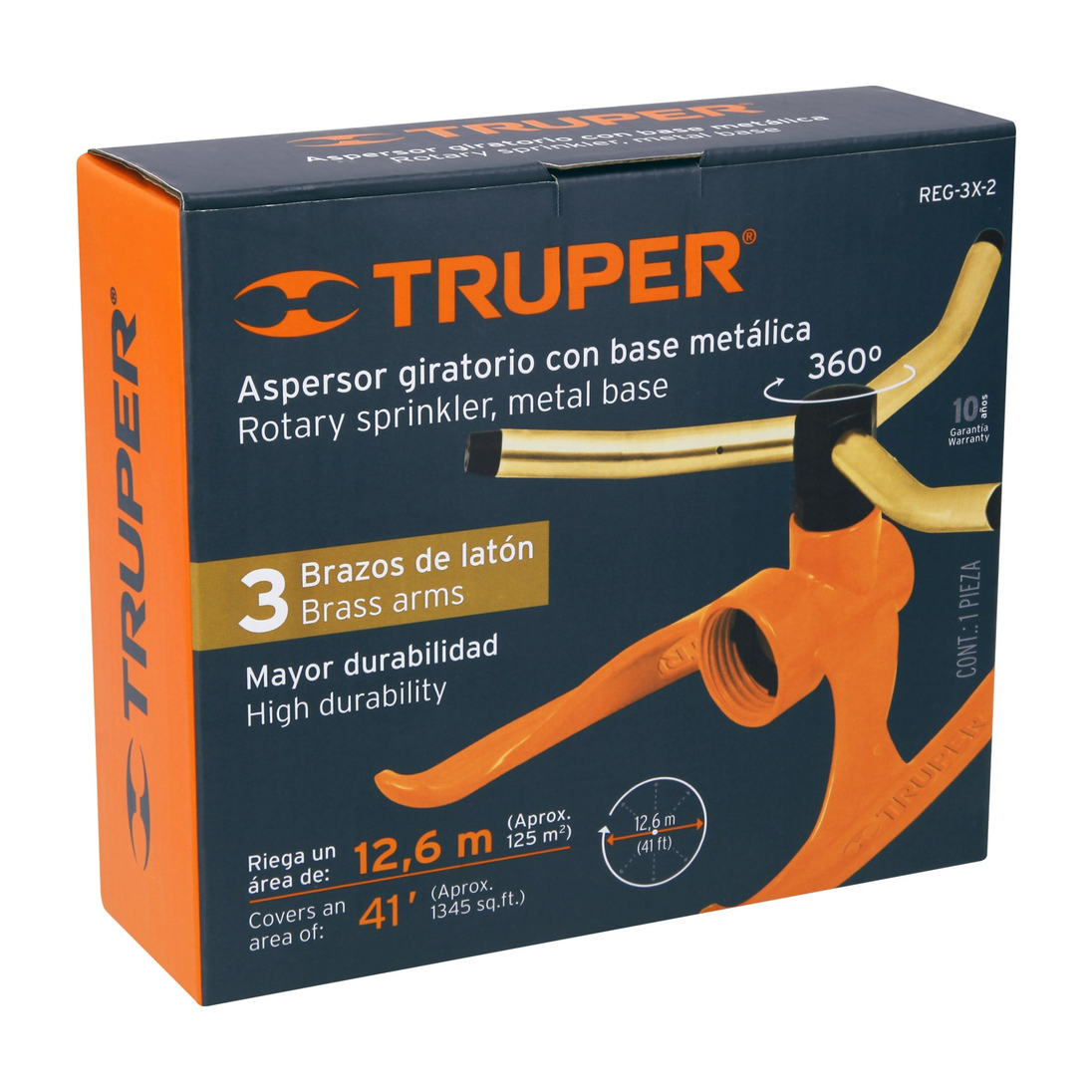 REG-3X-2 Aspersor giratorio con base metálica, 3 brazos de latón, 360°, presión 10-50 psi, alcance 13 m (43 ft), área aprox. 530 m², entrada 3/4", Truper Truper