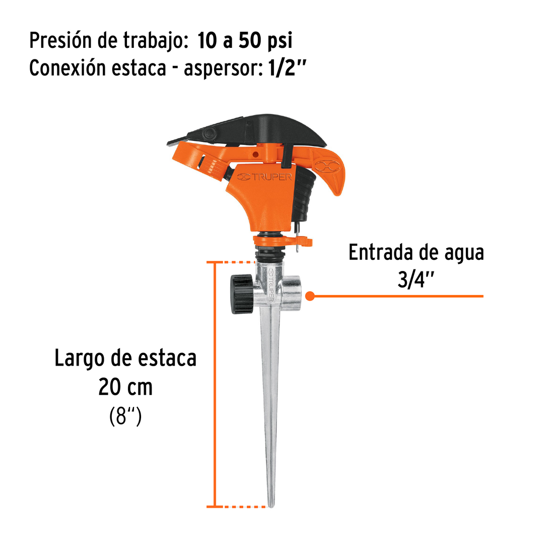 ASP-P11X Aspersor plástico de pulsaciones con estaca metálica, 2 vías conexión en serie, clip de límite de riego, presión 10-50 psi, alcance 17 m (56 ft), entrada 3/4", Truper Truper