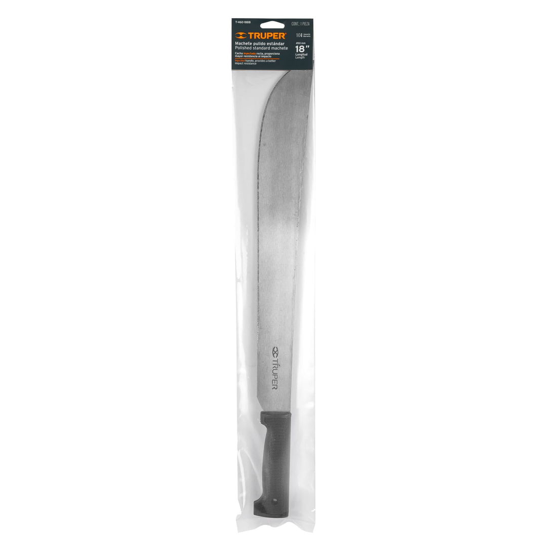 T-460-18BB Machete estándar pulido, cacha inyectada negra en bolsa, hoja 18" (45 cm), Producto Mejorado, Truper Truper