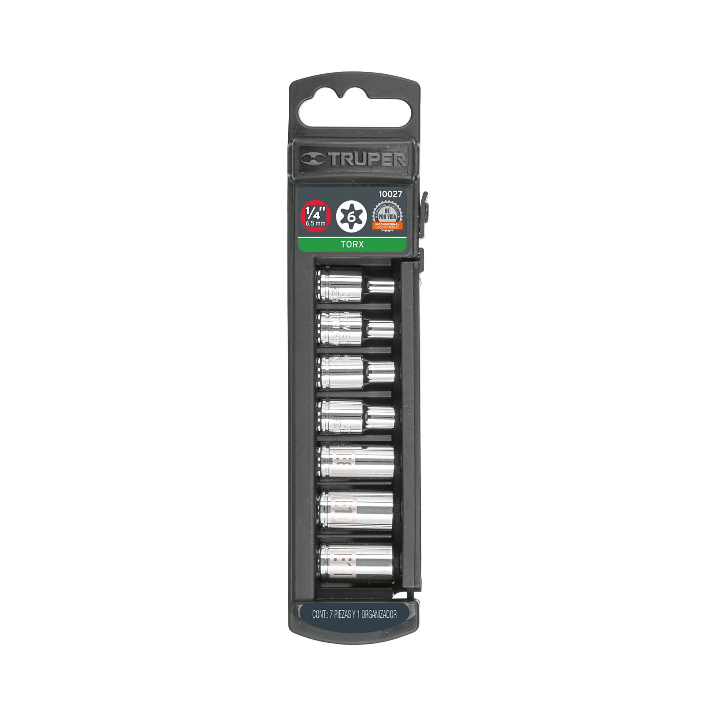 JDTH-1/4X7 Juego de 7 dados Torx hembra, 1/4" (6.5 mm), acero cromo vanadio, E-4 a E-11, estuche plástico, Truper Truper