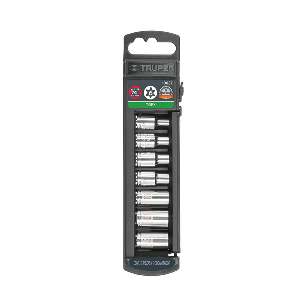 JDTH-1/4X7 Juego de 7 dados Torx hembra, 1/4" (6.5 mm), acero cromo vanadio, E-4 a E-11, estuche plástico, Truper Truper