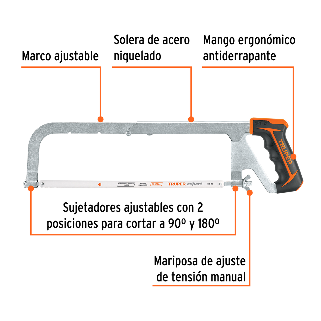 APT-12 Arco profesional ajustable de solera de acero niquelado para segueta, 8½"/10"/12", segueta bimetálica 18 dpp, Truper Truper