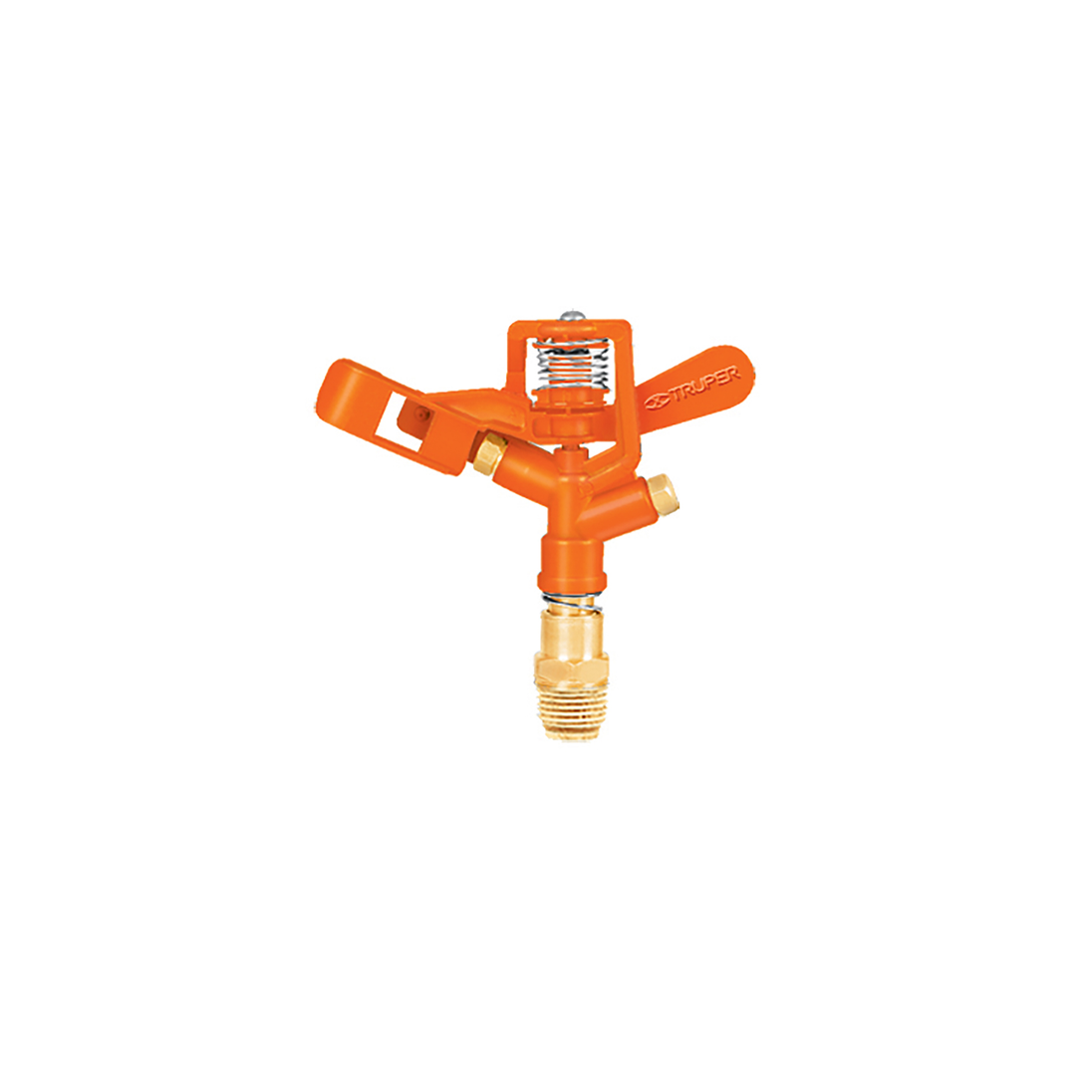 DOS Cabeza de aspersor metálico de pulsaciones doble chorro, conexión latón, presión 10-50 psi, alcance 21 m (68 ft), área 346 m², cobertura 90°-360°, conexión 1/2", sin estaca, Truper Truper