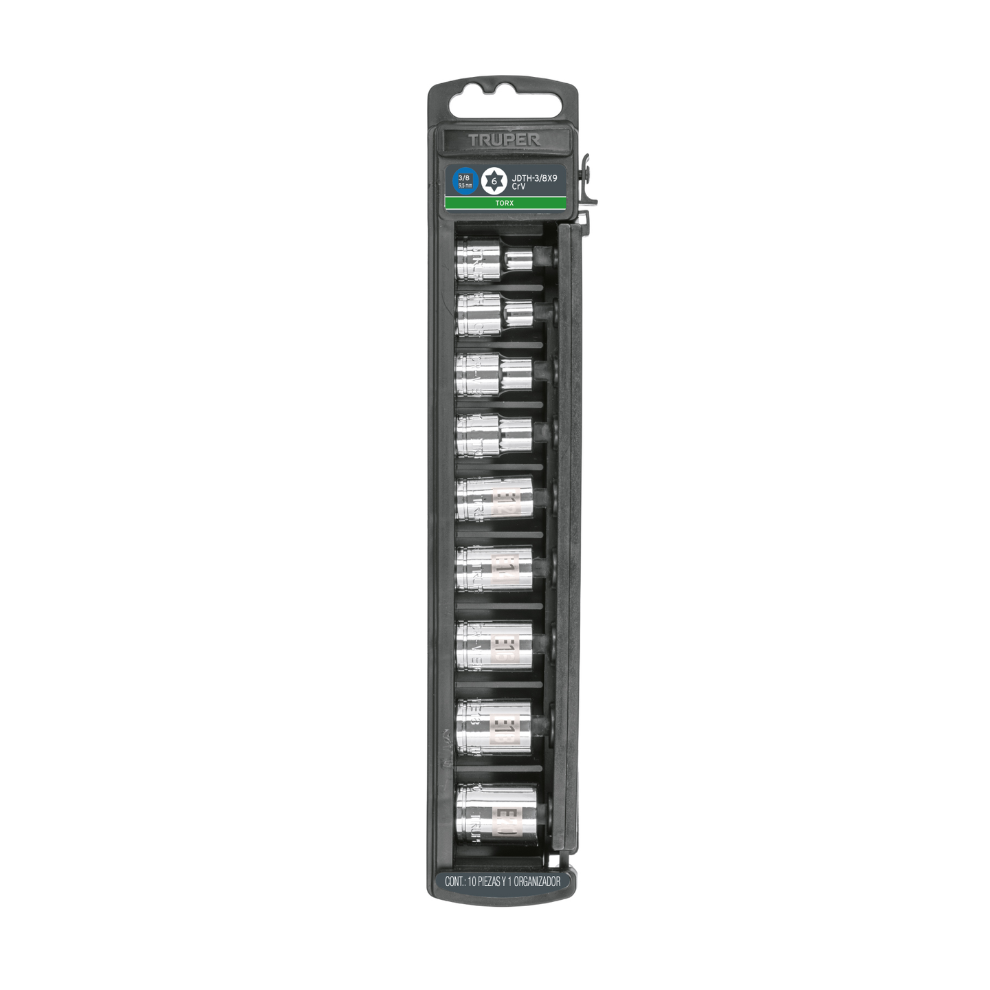 JDTH-3/8X9 Juego de 9 dados Torx hembra, 3/8" (9.5 mm), acero cromo vanadio, E-7 a E-20, estuche plástico, Truper Truper