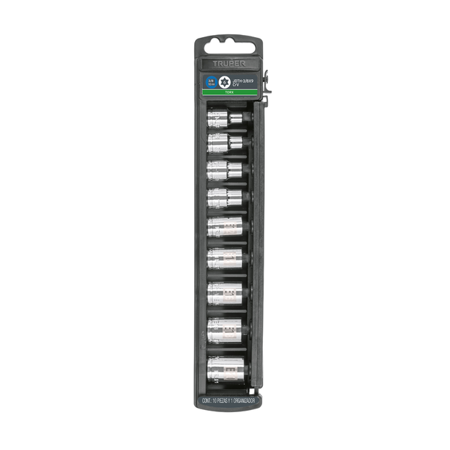 JDTH-3/8X9 Juego de 9 dados Torx hembra, 3/8" (9.5 mm), acero cromo vanadio, E-7 a E-20, estuche plástico, Truper Truper
