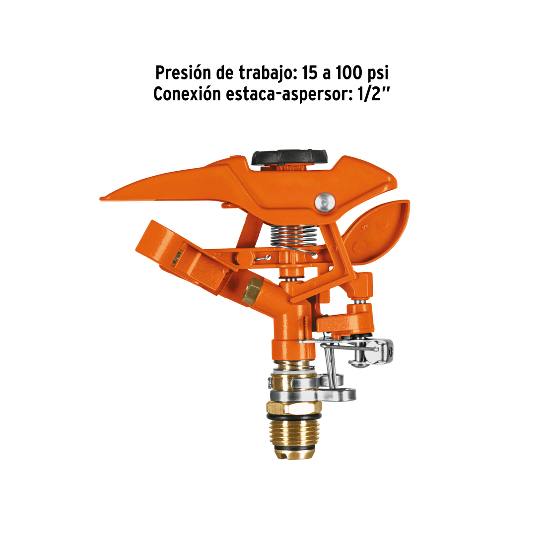 ASP Aspersor metálico de pulsaciones conexión aluminio, sin estaca, 1 vía, clip de límite de riego, presión 15-100 psi, alcance 21 m (69 ft), entrada 3/4", Producto Mejorado, Truper Truper