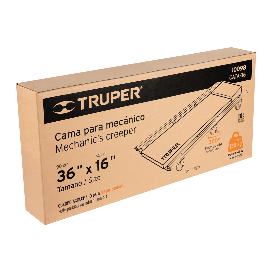 CATA-36 Cama para mecánico de acero, 36" x 16½" (90 x 42 cm), 130 kg, 6 rodajas polipropileno 360°, Truper Truper