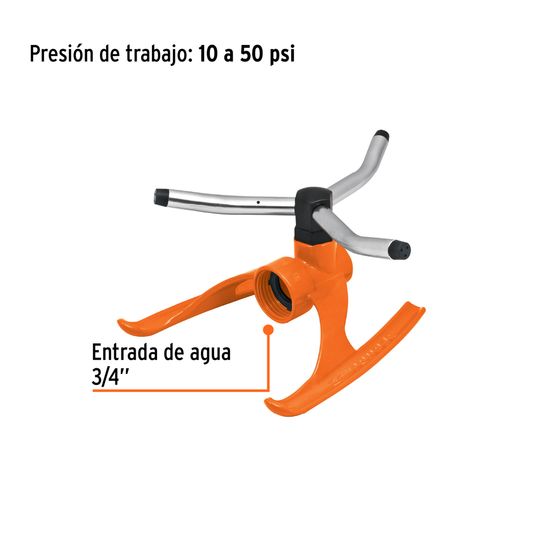 REG-3X Aspersor giratorio con base metálica, 3 brazos de aluminio, 360°, presión 10-50 psi, alcance 13 m (43 ft), área aprox. 132 m² (1,452 ft²), entrada 3/4", Truper Truper